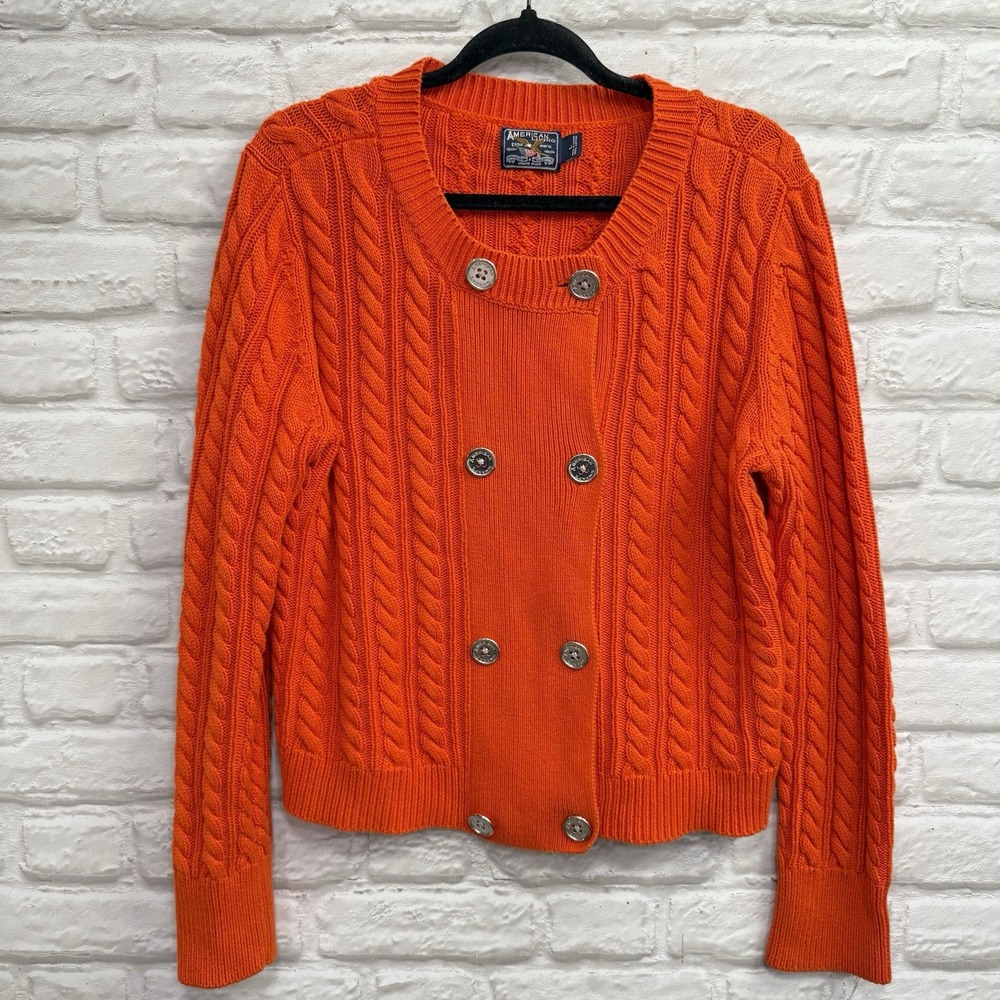 American Living Womens L Orange Cable Knit Double Breasted Cardigan Sweater Fall